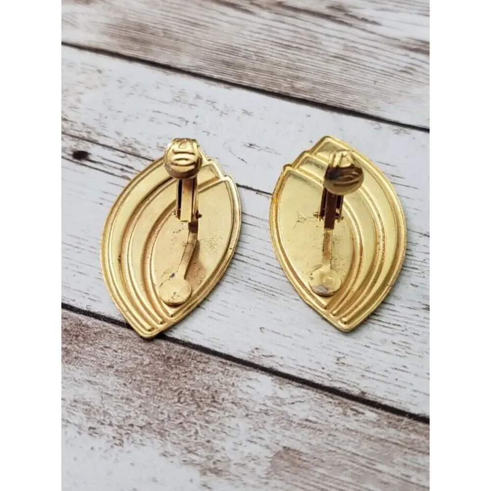 Vintage Clip On Earrings - Navy Blue, Gold Tone, Cream - Statement Earrings